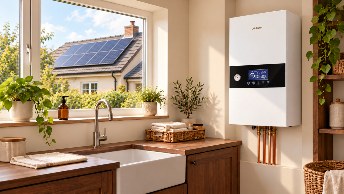 White Daxom electric combi boiler installed inside a home, with rooftop solar panels visible outside