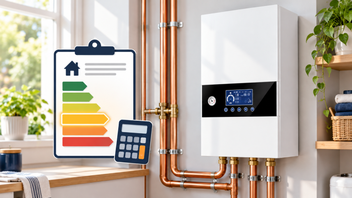 Daxom electric boiler beside an EPC rating chart illustrating SAP calculations