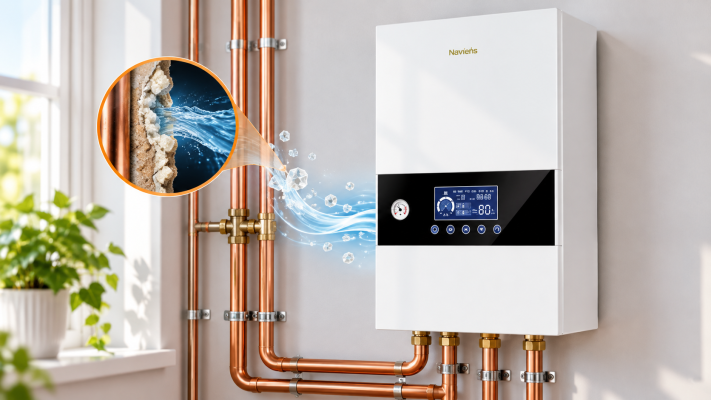 Daxom electric boiler with copper pipework illustrating hard-water limescale protection
