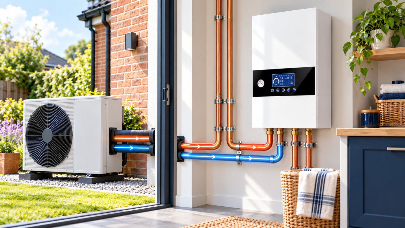 Daxom electric boiler shown alongside an outdoor air source heat pump