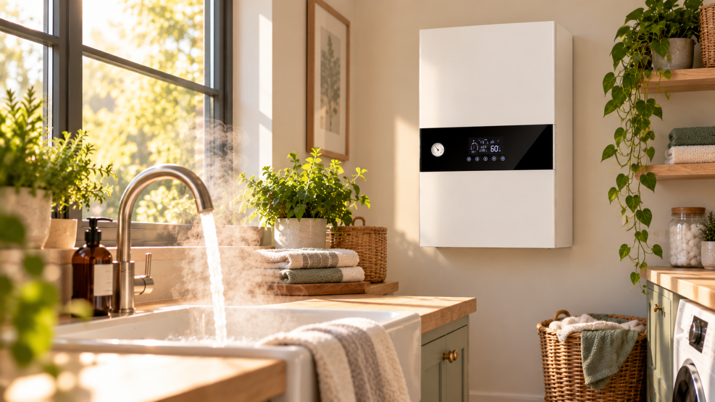 Illustrative Daxom-style wall-mounted electric combi boiler beside a steaming hot-water tap in a bright utility room; no visible pipework