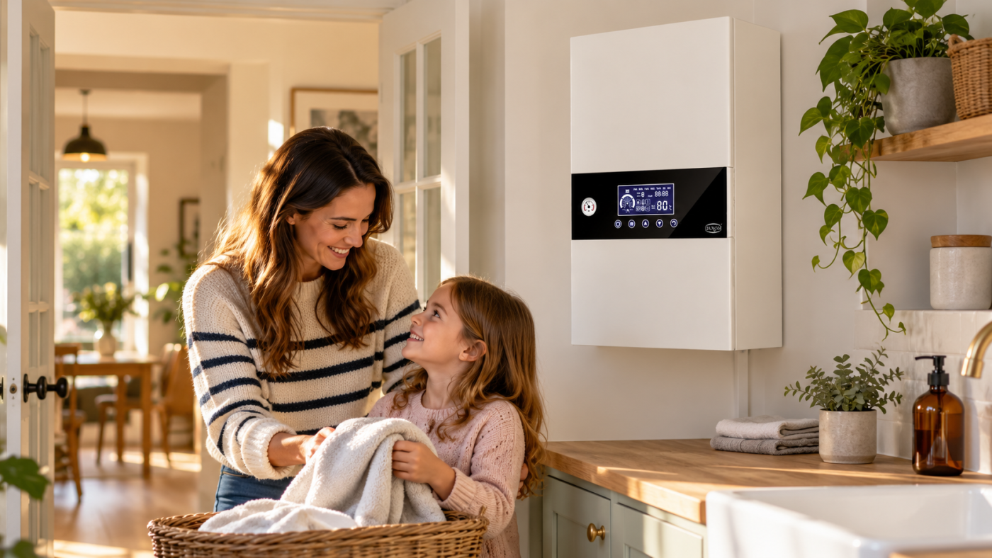 Lifestyle illustration of a family beside a wall-mounted electric combi boiler in a bright home utility room