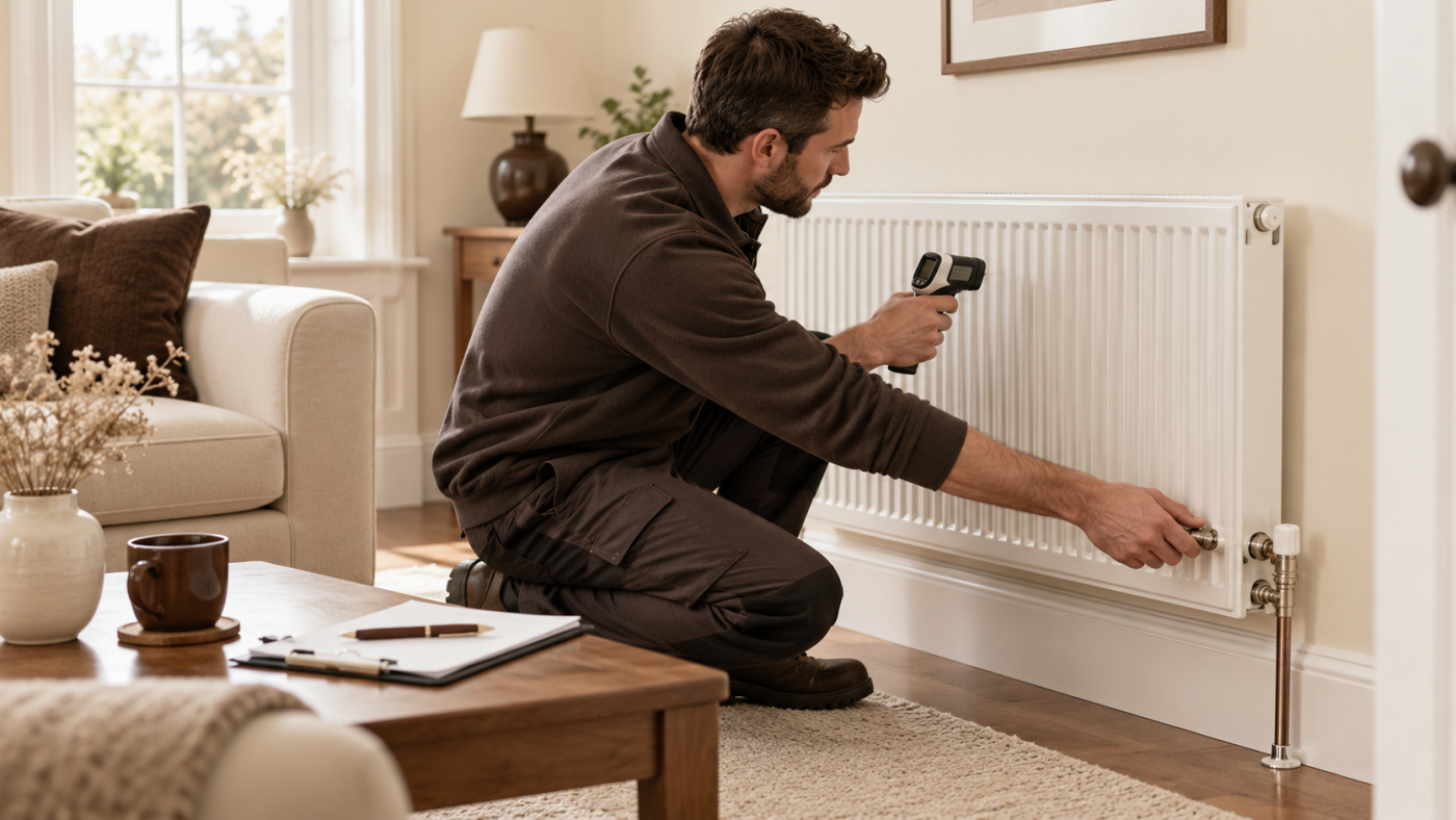 Heating professional checking a radiator temperature and adjusting its valve in a cream living room