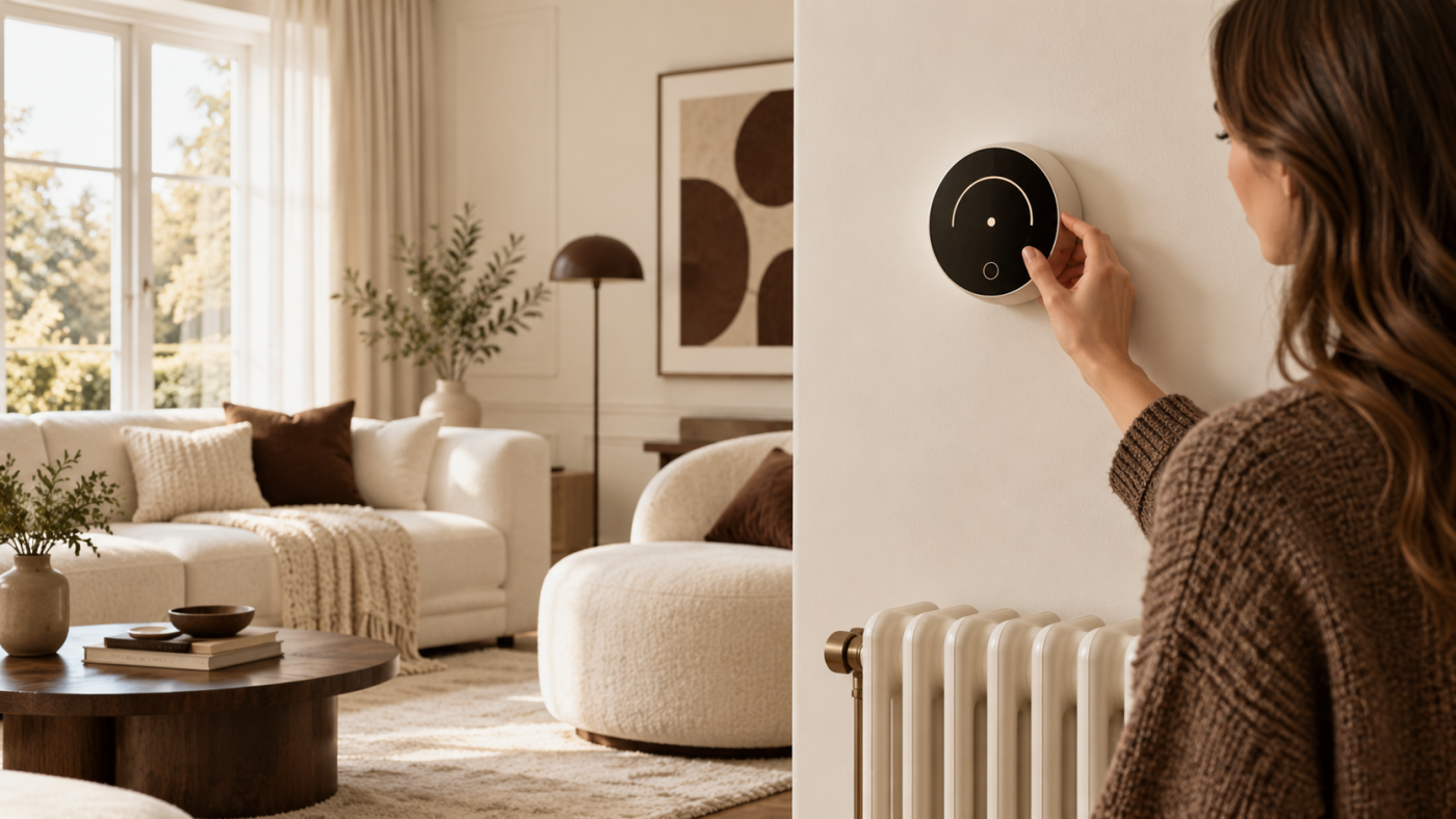 Person adjusting a smart room thermostat in a cream living room with a radiator
