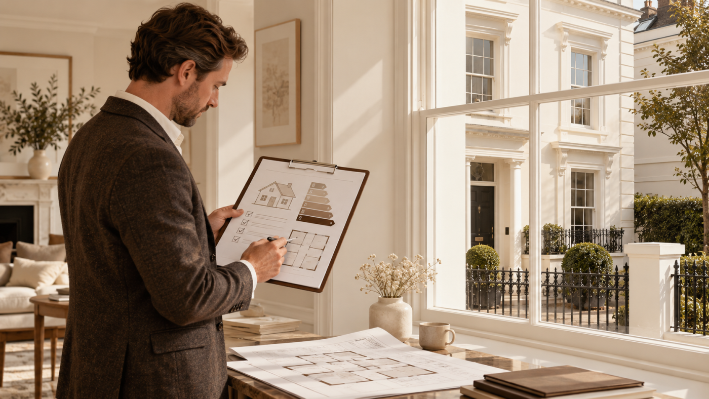 Energy assessor reviewing a home energy assessment checklist at a cream UK property